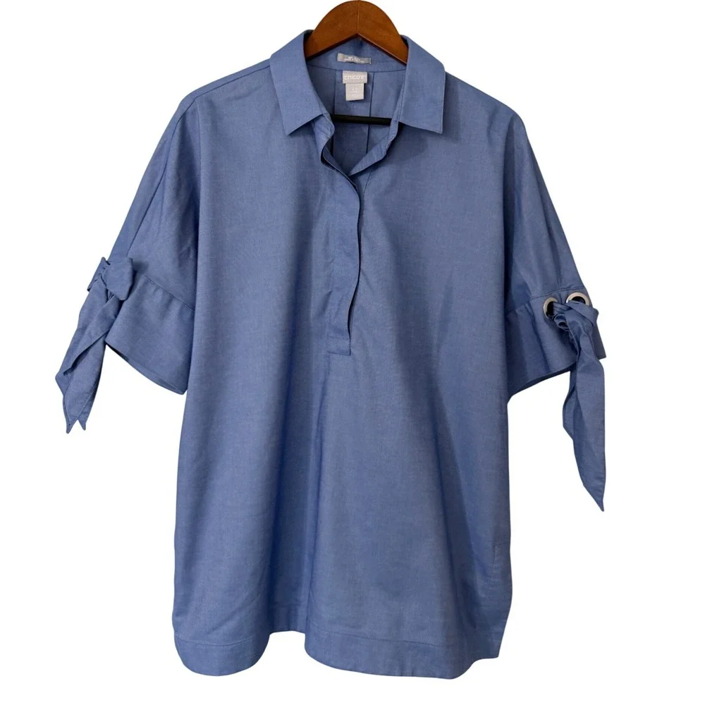 Chicos No-Iron Chic Stretch Blue Tie Sleeve Popover Shirt Women 2.5 XL 14